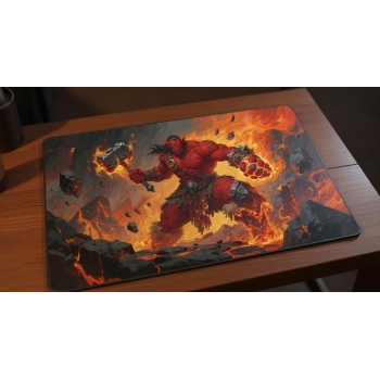 Custom gaming playmat design featuring a warrior in colorful style featuring red and orange colors creating a dramatic atm...