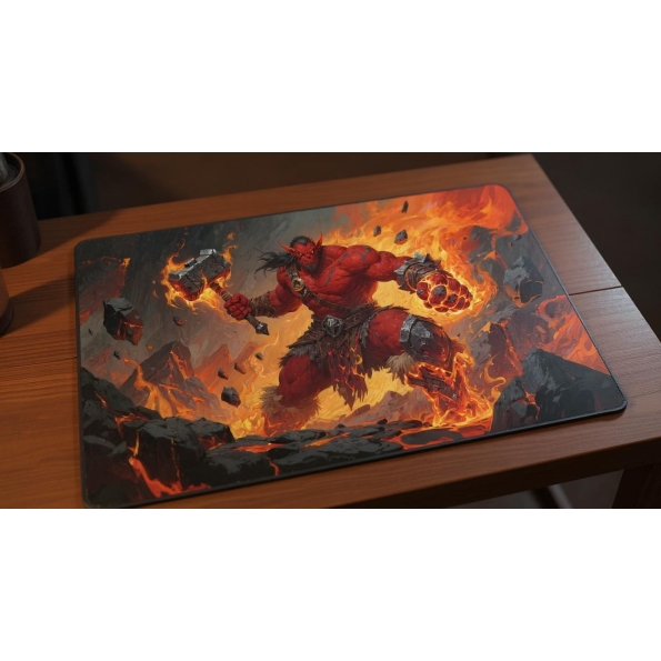 Custom gaming playmat design featuring a warrior in colorful style featuring red and orange colors creating a dramatic atm...