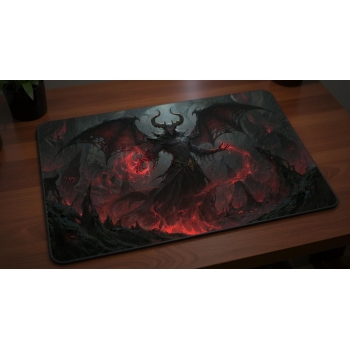 Custom gaming playmat design featuring artwork inspired by 'A dark fantasy illustration in...' in dark style with red tone...