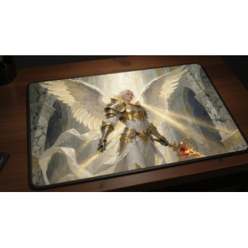 Custom gaming playmat design featuring a armor with angel in animal style featuring white and gold colors creating a epic ...