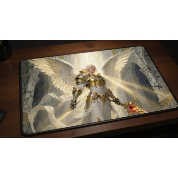 Custom gaming playmat design featuring a armor with angel in animal style featuring white and gold colors creating a epic ...