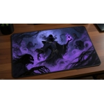 Custom gaming playmat design featuring a magic in dark style featuring purple and black colors optimized for landscape for...