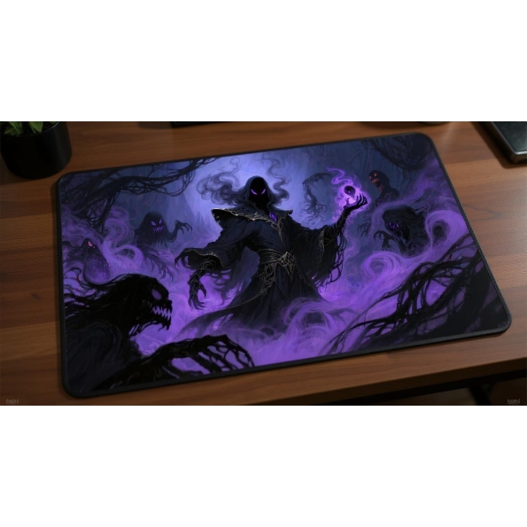 Custom gaming playmat design featuring a magic in dark style featuring purple and black colors optimized for landscape for...