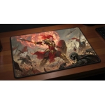 Custom gaming playmat design featuring a warrior with armor, magic in fantasy style featuring red and gold colors creating...