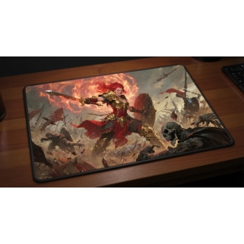 Custom gaming playmat design featuring a warrior with armor, magic in fantasy style featuring red and gold colors creating...