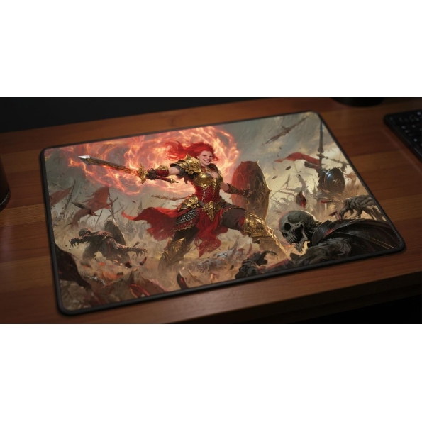 Custom gaming playmat design featuring a warrior with armor, magic in fantasy style featuring red and gold colors creating...