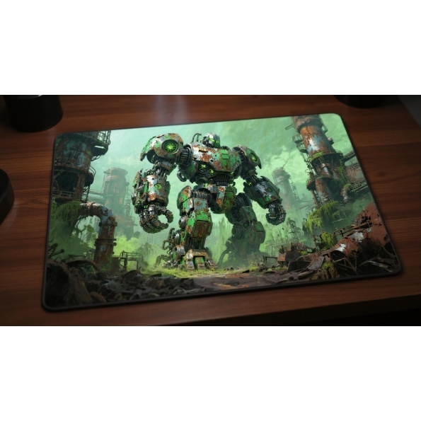 Custom gaming playmat design featuring artwork inspired by 'A mechanical artwork in Jung P...' in fantasy style with green...