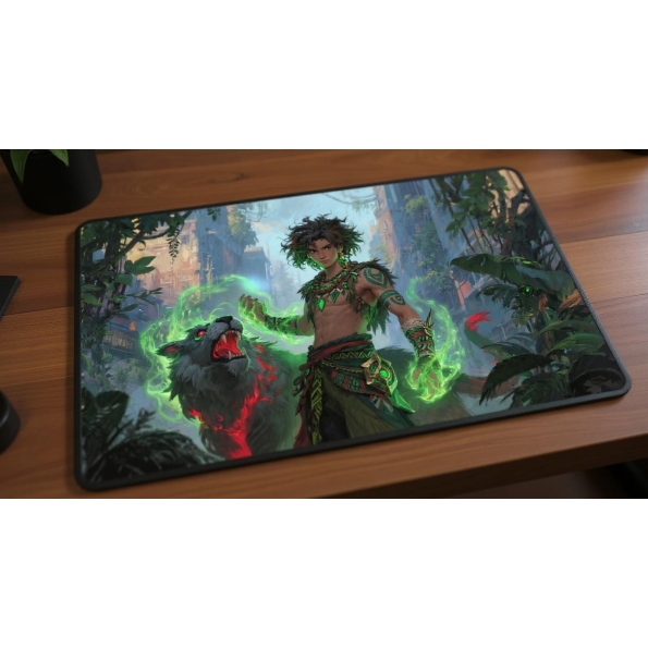 Custom gaming playmat design featuring a magic with beast in fantasy style featuring red and green colors optimized for la...