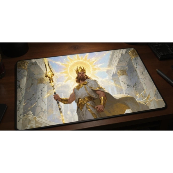 Custom gaming playmat design featuring a magic with crown in fantasy style featuring white and gold colors creating a epic...