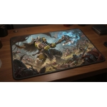 Custom gaming playmat design featuring a weapon with warrior, armor in fantasy style creating a dramatic atmosphere optimi...