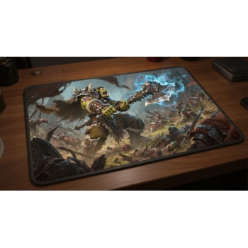 Custom gaming playmat design featuring a weapon with warrior, armor in fantasy style creating a dramatic atmosphere optimi...
