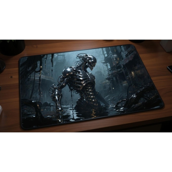 Custom gaming playmat design featuring artwork inspired by 'A dark fantasy illustration in...' in dark style featuring red...