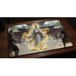 Custom gaming playmat design featuring a warrior in portrait style featuring white and gold colors creating a peaceful atm...