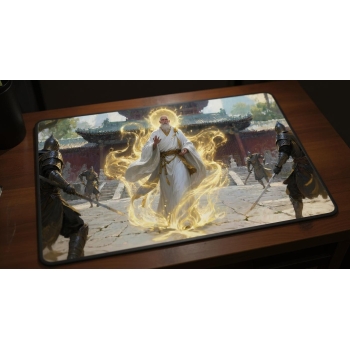 Custom gaming playmat design featuring a warrior in portrait style featuring white and gold colors creating a peaceful atm...