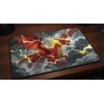 Custom gaming playmat design featuring a dragon with lightning in fantasy style featuring red and yellow colors creating a...