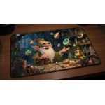 Custom gaming playmat design featuring a mage in fantasy style featuring red and copper colors creating a ethereal atmosph...