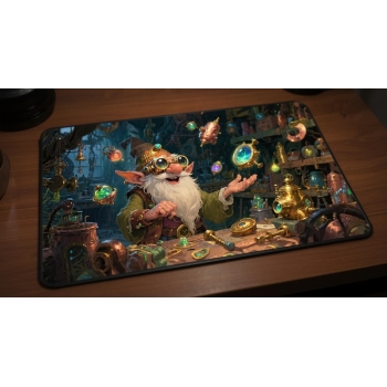 Custom gaming playmat design featuring a mage in fantasy style featuring red and copper colors creating a ethereal atmosph...