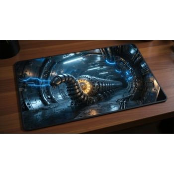 Custom gaming playmat design featuring artwork inspired by 'A mechanical artwork in Franz ...' in portrait style with blue...