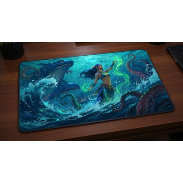 Custom gaming playmat design featuring a ocean with magic in fantasy style featuring blue and green colors optimized for l...
