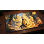 Custom gaming playmat design featuring a wind with forest in nature style featuring yellow and orange colors creating a dr...