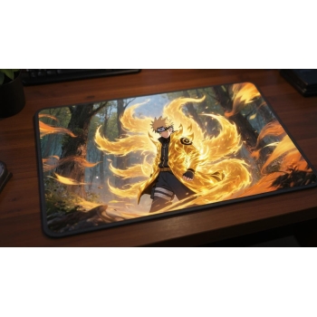 Custom gaming playmat design featuring a wind with forest in nature style featuring yellow and orange colors creating a dr...