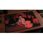 Custom gaming playmat design featuring artwork inspired by 'A psychological thriller illus...' in dark style featuring red...