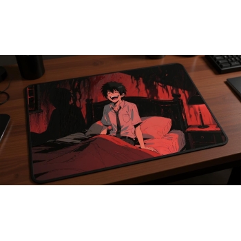 Custom gaming playmat design featuring artwork inspired by 'A psychological thriller illus...' in dark style featuring red...