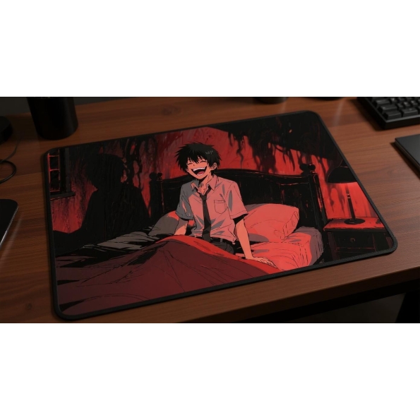 Custom gaming playmat design featuring artwork inspired by 'A psychological thriller illus...' in dark style featuring red...