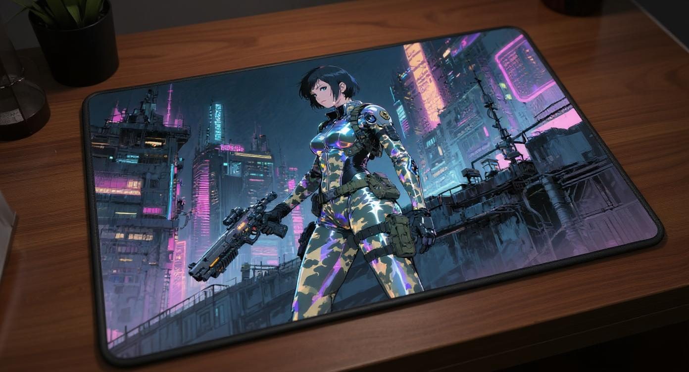 Custom gaming playmat design featuring a weapon with warrior in sci-fi style optimized for landscape format created by Boz...