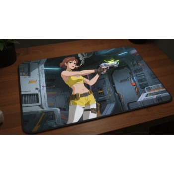 Custom gaming playmat design featuring artwork inspired by 'A bounty hunter illustration i...' in sci-fi style with yellow...