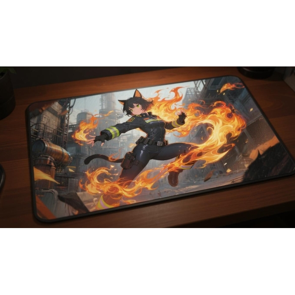 Custom gaming playmat design featuring a fire in animal style with red tones optimized for landscape format created by Boz...