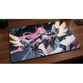 Custom gaming playmat design featuring artwork inspired by 'A mecha pilot illustration in ...' with pink tones optimized f...