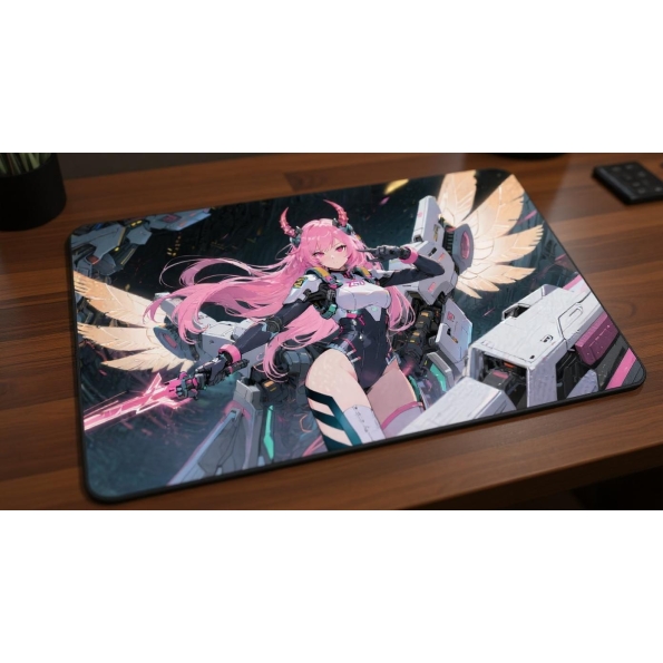 Custom gaming playmat design featuring artwork inspired by 'A mecha pilot illustration in ...' with pink tones optimized f...