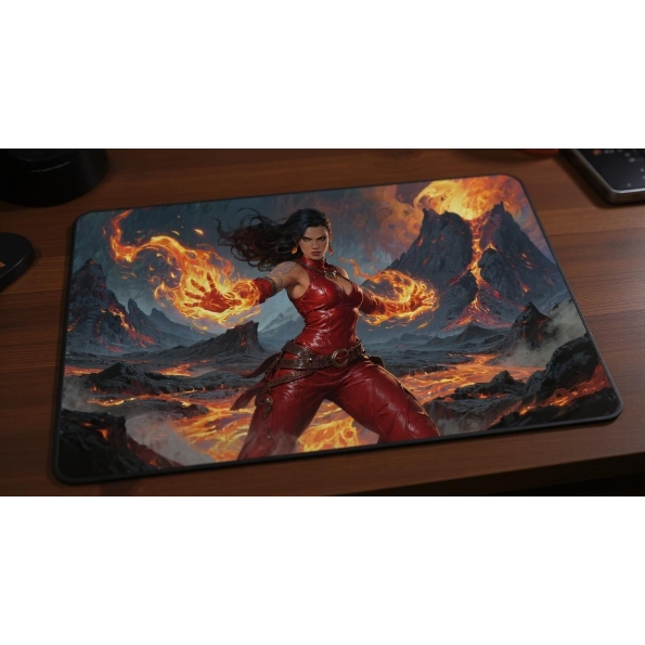 Custom gaming playmat design featuring a fire with magic in fantasy style with red tones optimized for landscape format cr...