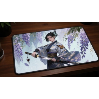 Custom gaming playmat design featuring a sword in abstract style optimized for landscape format created by Bozo Egg
