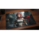 Custom gaming playmat design featuring artwork inspired by 'A hyperrealistic portrait in C...' in portrait style with red ...