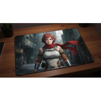 Custom gaming playmat design featuring artwork inspired by 'A hyperrealistic portrait in C...' in portrait style with red ...