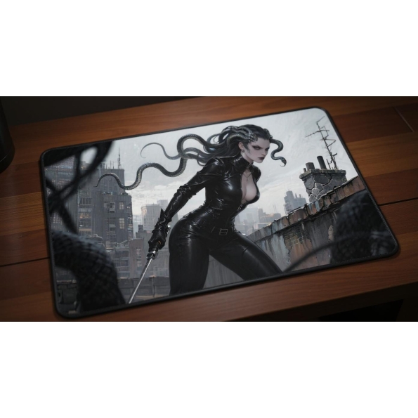 Custom gaming playmat design featuring artwork inspired by 'A deadly assassin artwork in D...' in urban style featuring re...