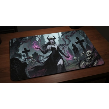 Custom gaming playmat design featuring a magic with queen, demon in dark style with black tones optimized for landscape fo...