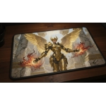 Custom gaming playmat design featuring a armor with angel, warrior with gold tones optimized for landscape format created ...