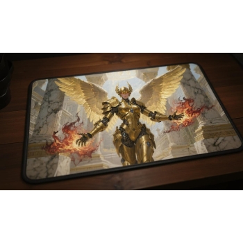 Custom gaming playmat design featuring a armor with angel, warrior with gold tones optimized for landscape format created ...