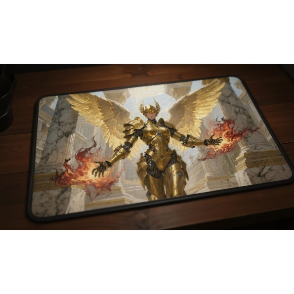 Custom gaming playmat design featuring a armor with angel, warrior with gold tones optimized for landscape format created ...