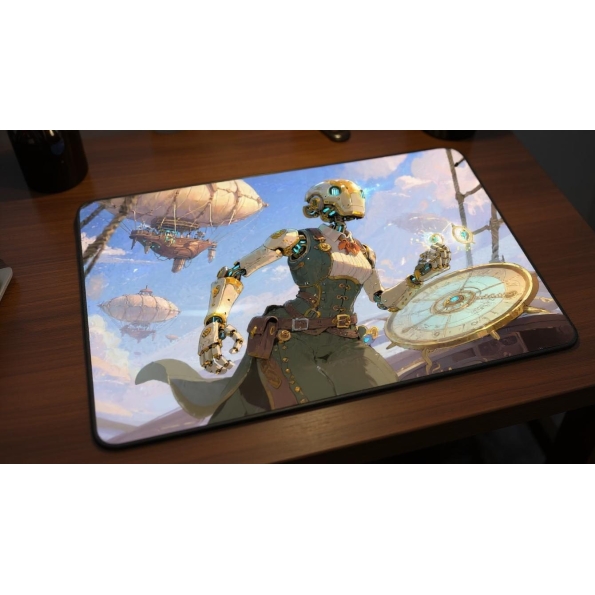 Custom gaming playmat design featuring artwork inspired by 'A constructed being illustrati...' optimized for landscape for...