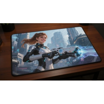 Custom gaming playmat design featuring a city in sci-fi style optimized for landscape format created by Bozo Egg