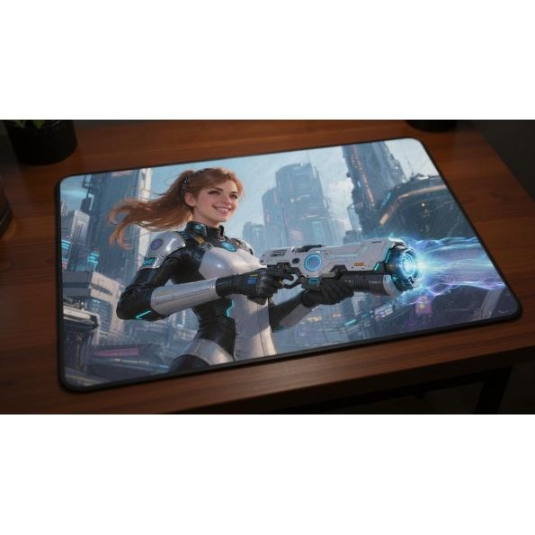 Custom gaming playmat design featuring a city in sci-fi style optimized for landscape format created by Bozo Egg