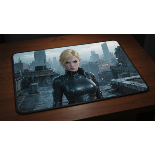 Custom gaming playmat design featuring artwork inspired by 'A hyperrealistic portrait in B...' in portrait style optimized...