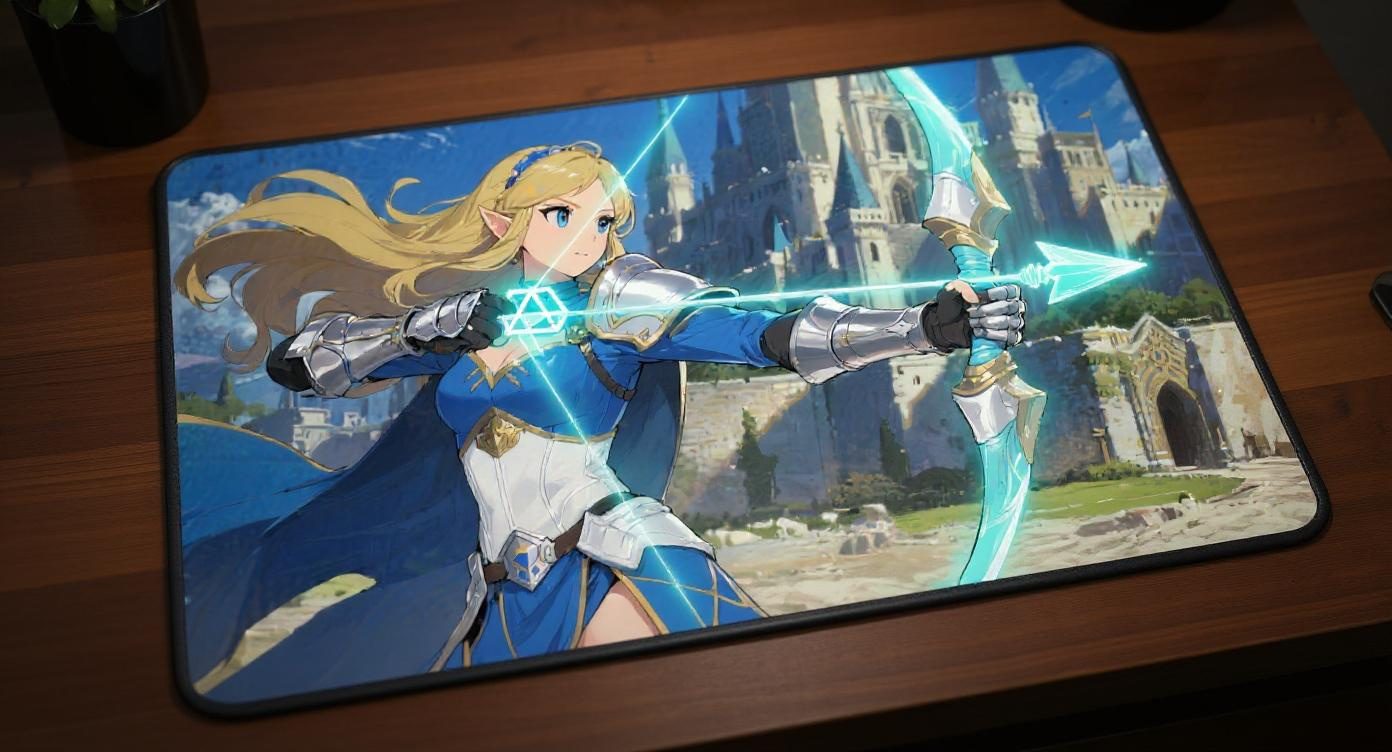 Custom gaming playmat design featuring a armor with castle, warrior in fantasy style featuring blue and white colors optim...