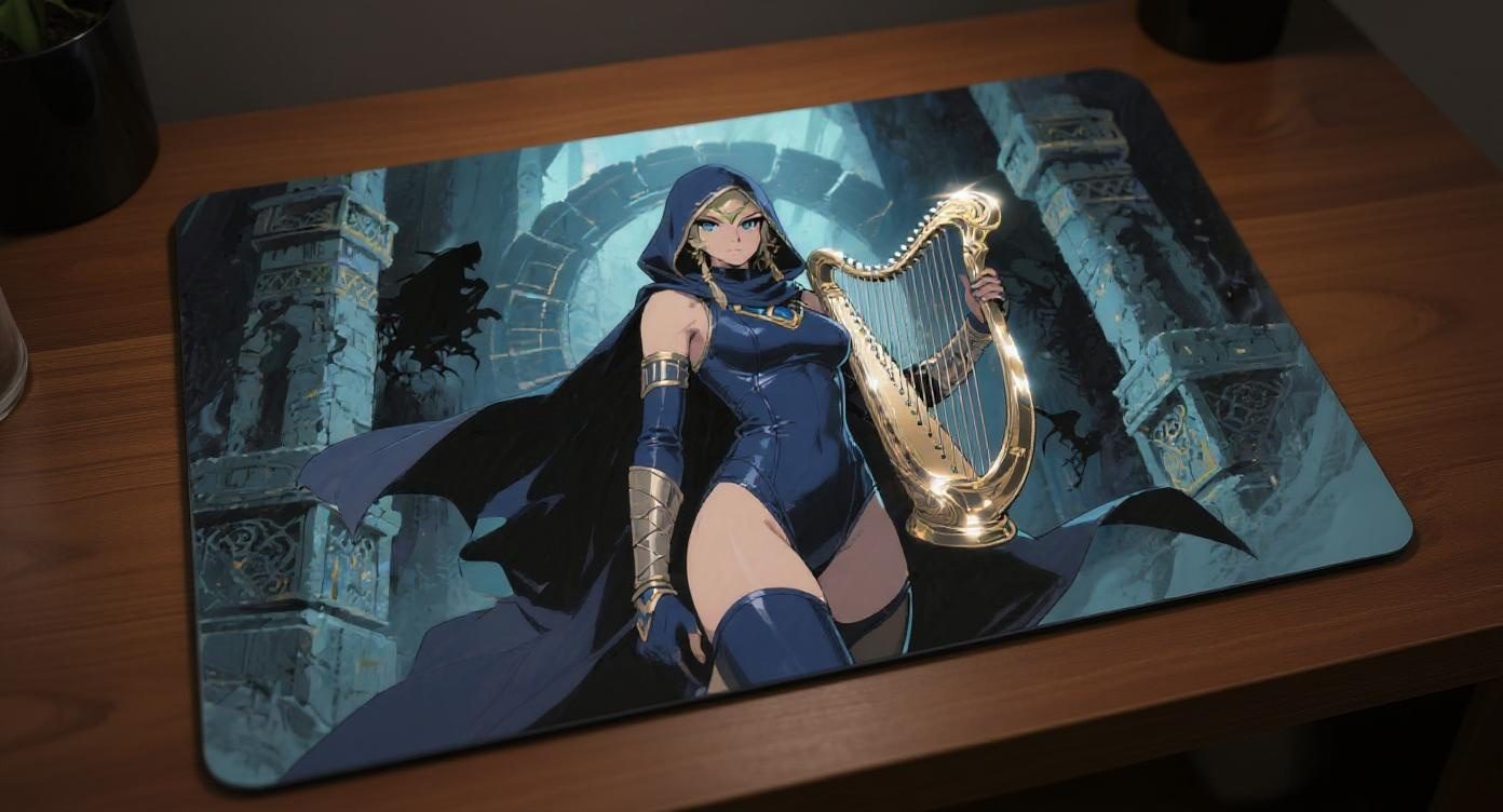 Custom gaming playmat design featuring a warrior in dark style creating a mysterious atmosphere optimized for landscape fo...