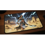 Custom gaming playmat design featuring a magic with lightning, warrior in fantasy style optimized for landscape format cre...