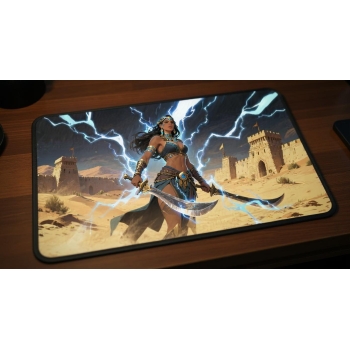 Custom gaming playmat design featuring a magic with lightning, warrior in fantasy style optimized for landscape format cre...